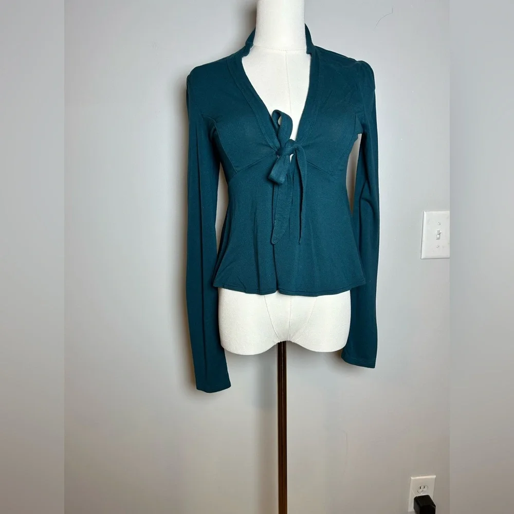 Free People Teal Tie-Front long sleeve peplum top size small